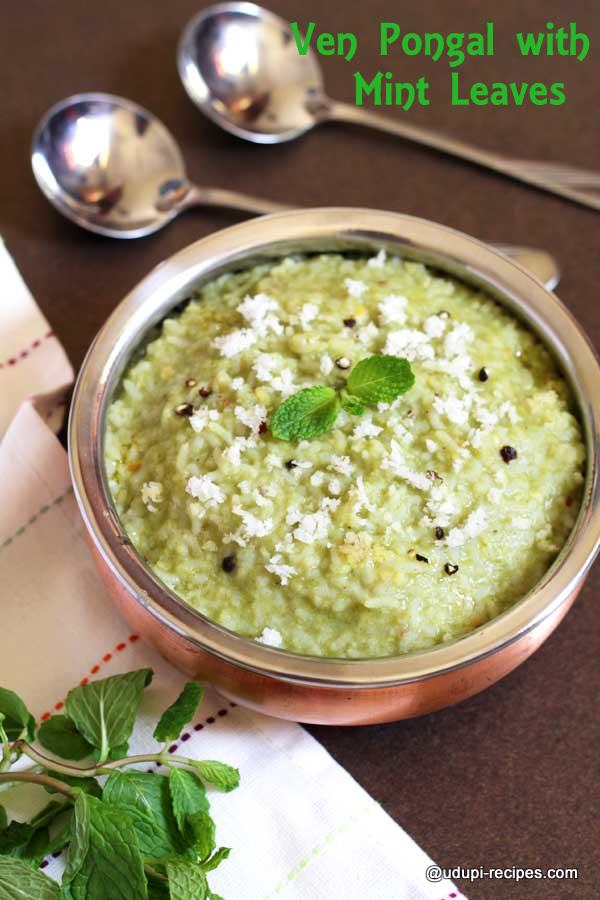Delicious khara pongal with mint leaves